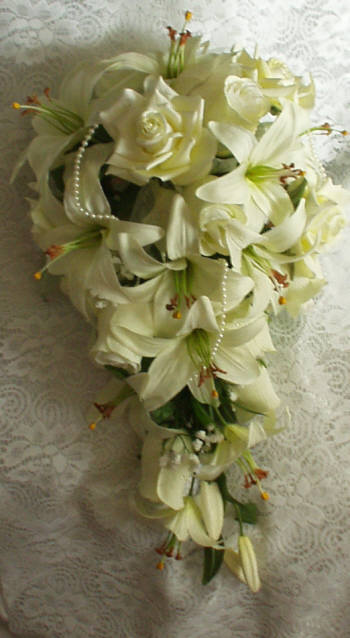 Garden Cream Lilies, Cream Royale Roses, Pearls, Ribbon